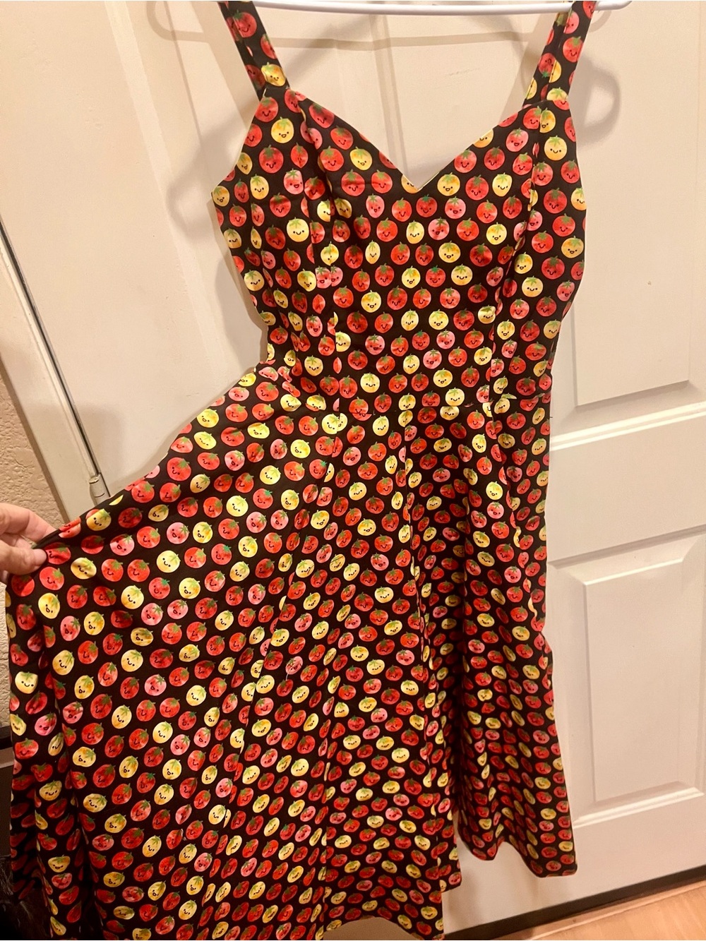 Bernie Dexter Black Dress with Red and Yellow Smiling Tomato Print - Picture 2 of 4